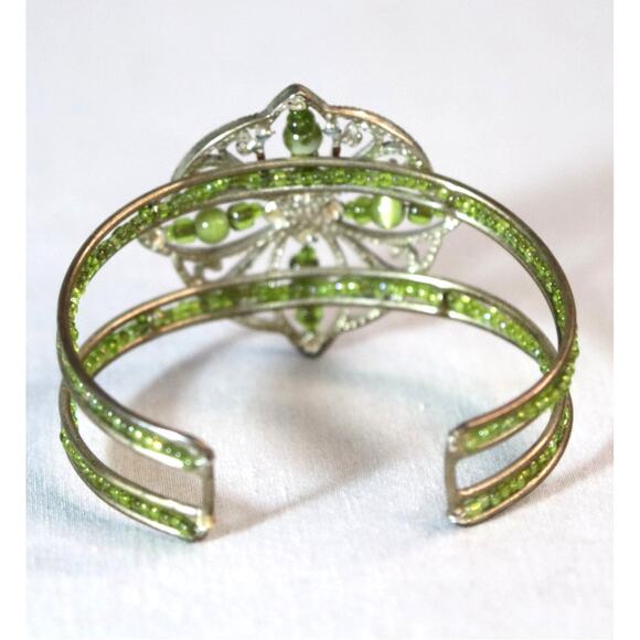 Filagree Cuff Bracelet Silver Tone Green Stones and Beads - Picture 5 of 11